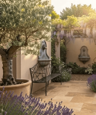 Mediterraner Garten mit Bank