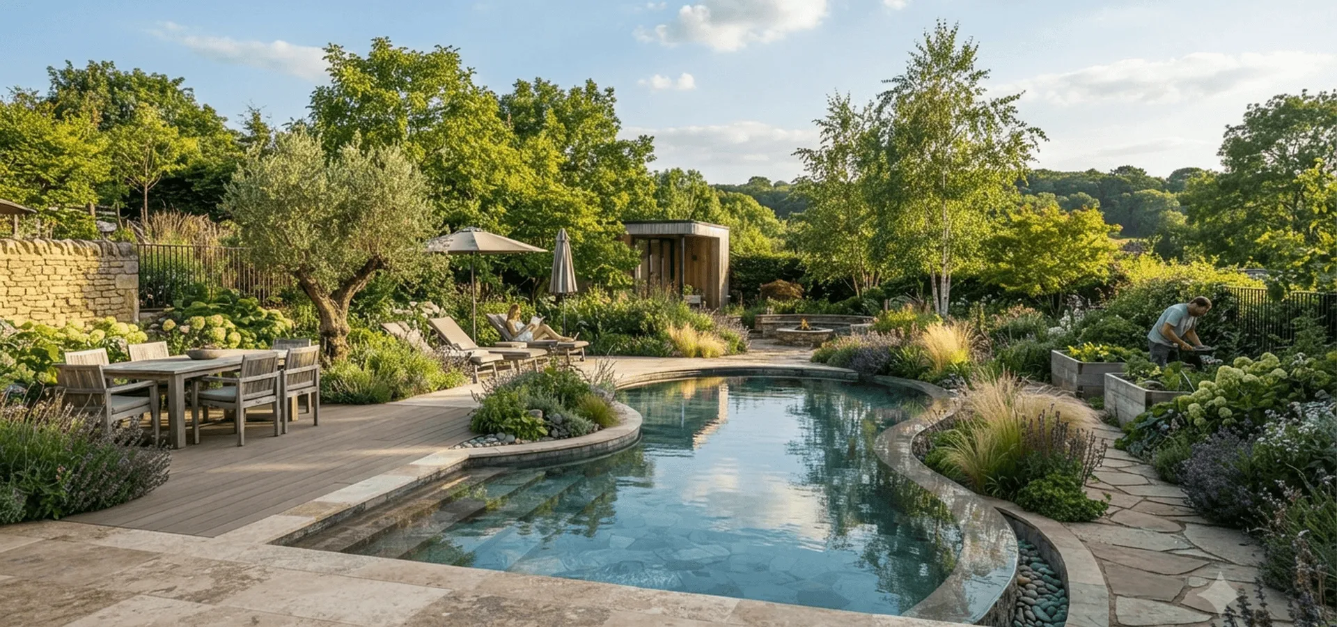 Großes Sommerbild eines modernen Gartens mit Terrasse, Pool und Naturstein.